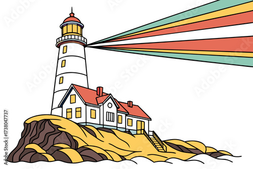 Lighthouse with colorful beams on a seaside cliff beacon