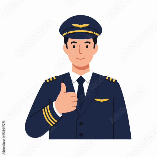 Smiling male pilot in uniform giving a thumbs-up gesture, cartoon illustration depicting professional service, approval, or success in aviation.