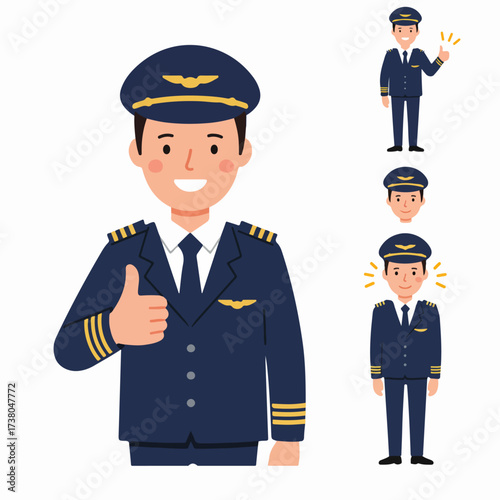 Friendly cartoon male pilot in uniform gives a thumbs-up, showcasing positive attitude and professional aviation service character illustration.