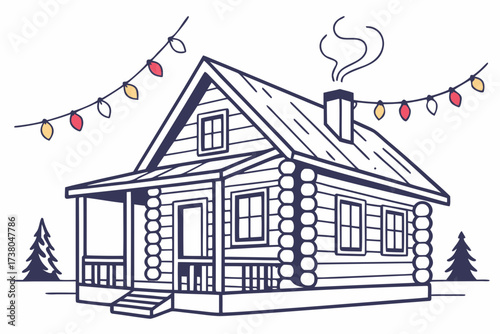 Log cabin with festive string lights and smoke from chimney