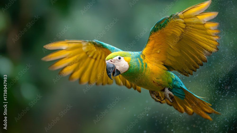 Fototapeta premium Colorful macaw parrot in flight with spread wings, exotic bird in the air close-up