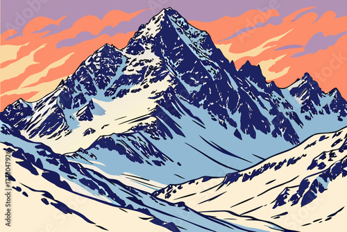 Majestic snow mountain peaks at sunrise with colorful sky