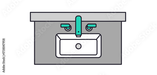 Bathroom sink with teal faucet and handles clean design for interior decor websites promoting modern amenities and minimalist bathroom renovations.