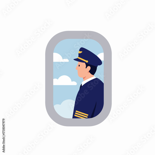 Professional airline pilot in uniform looking out an airplane window at a cloudy sky, representing aviation, travel, and career aspirations, vector illustration.