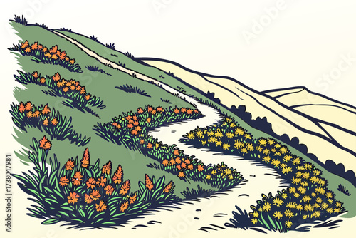 Mountain path lined with orange and yellow flowers