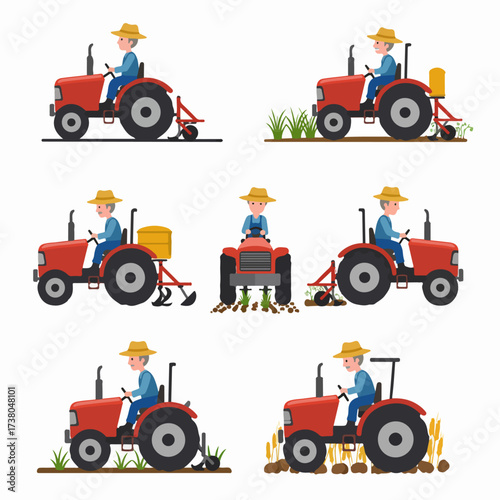 Vector illustration set: Farmer on a red tractor performing various agricultural tasks, including plowing, planting, cultivating, and harvesting.