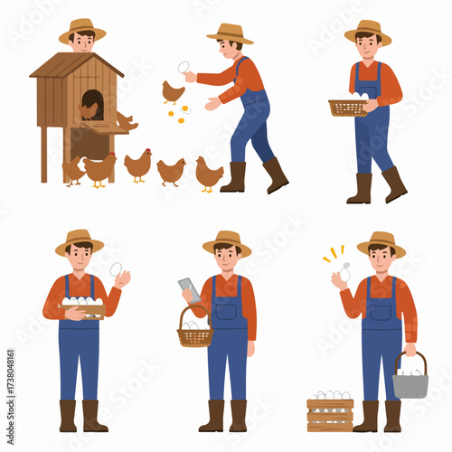 Illustrative scenes of a happy farmer collecting fresh eggs from his chicken coop, showcasing various aspects of egg farming and poultry production.