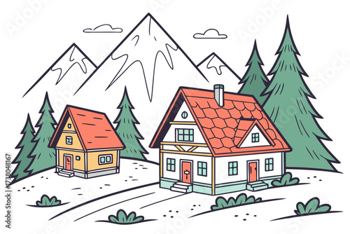 Mountain village with colorful rooftops and evergreen trees