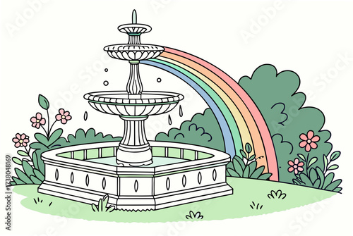 Multi-tiered park fountain with rainbow mist and flowers