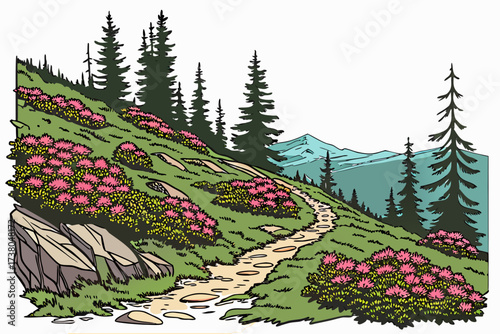 Mountain trail with pink flowers and pine trees path