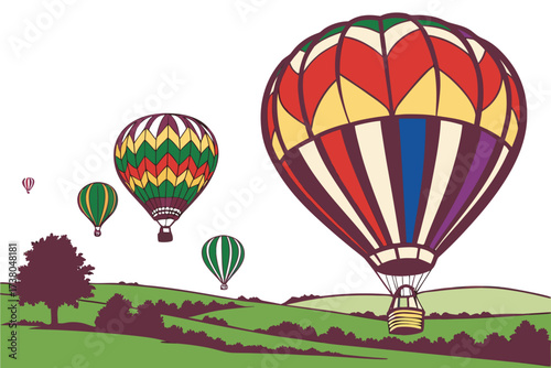 Multiple colorful hot air balloons ascend over rolling green hills