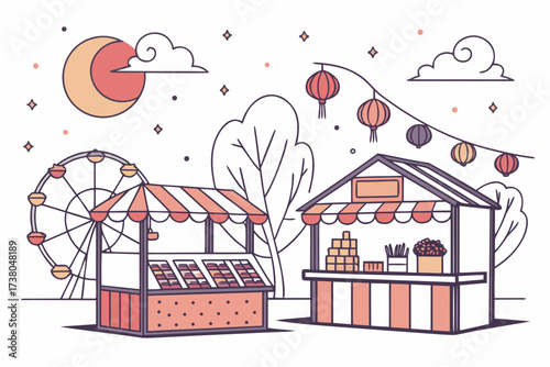 Night market scene with Ferris wheel and stalls fairground