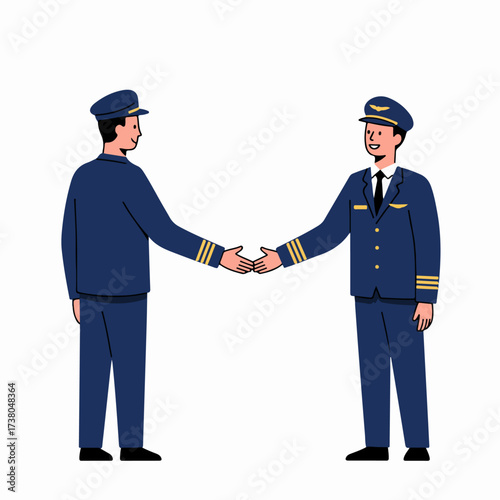Two smiling airline pilots in uniform, extending hands to greet or shake, symbolizing collaboration and partnership in aviation.