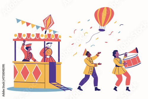 Parade with hot air balloon and musicians festival