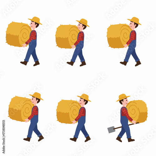 Cartoon farmer carrying hay bales and a shovel, depicting agricultural work, harvest, and rural farm life activities.