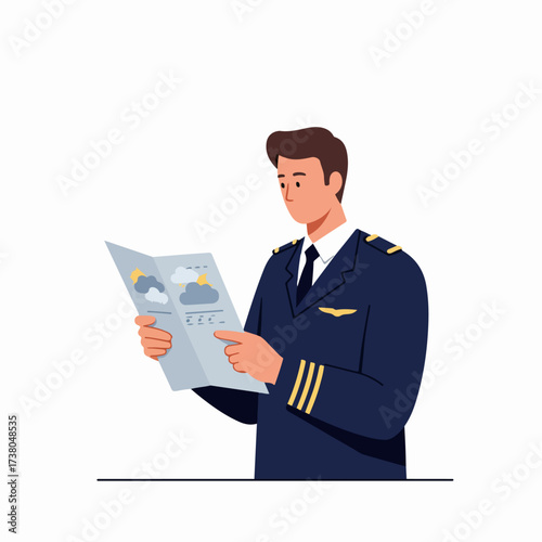 A pilot in a navy blue uniform carefully reviews a weather forecast or flight plan document, preparing for a flight, illustrated in a modern flat design.