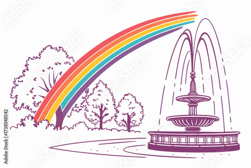 Park fountain with rainbow mist and trees vector water