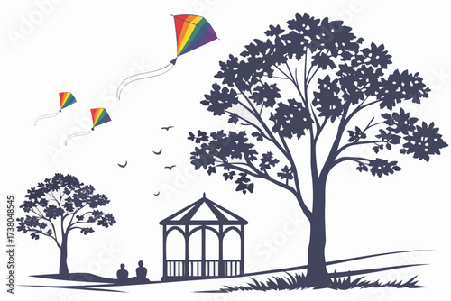 Park scene with rainbow kites and silhouetted trees
