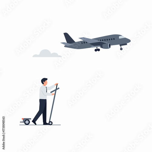 Businessman with electric scooter under flying airplane, symbolizing modern urban mobility and global travel connection.