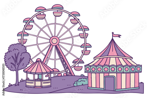 Pastel Carnival Ferris Wheel and Tent on White amusement park