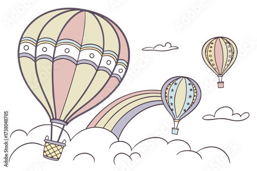 Pastel hot air balloons floating above clouds with rainbow