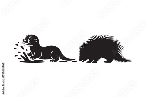 Cute cartoon otter playing in mud next to a fluffy porcupine