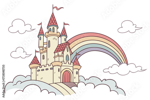 Pastel rainbow castle on clouds vector illustration