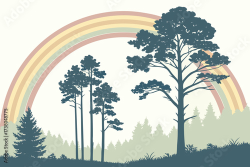 Pastel Rainbow Over Dark Forest Silhouette trees nature