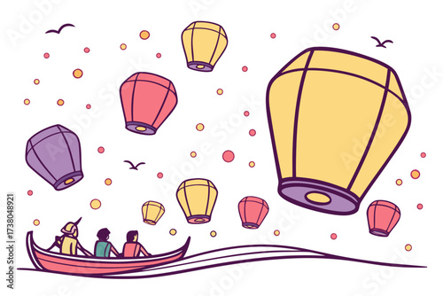 People in boat releasing sky lanterns with birds lantern festival