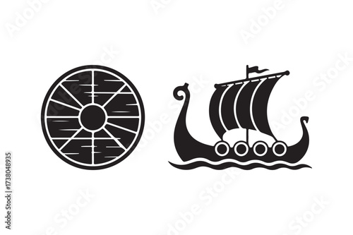Viking ship and shield silhouette with rough texture