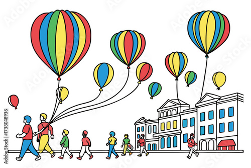 People walking with colorful balloons in a city parade