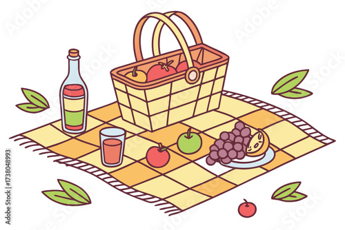 Picnic basket with fruits and drink on checkered blanket