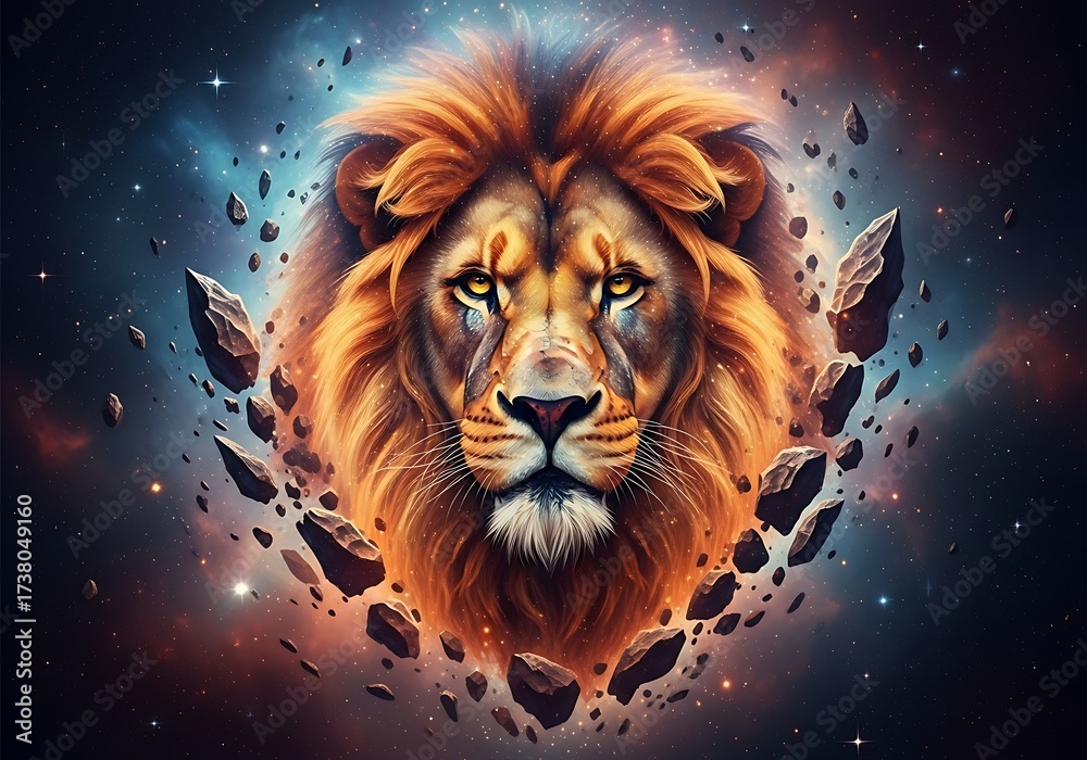 Fototapeta premium Majestic lions head with a fiery mane, surrounded by floating rocks and cosmic nebula, symbolizing power and the zodiac sign leo