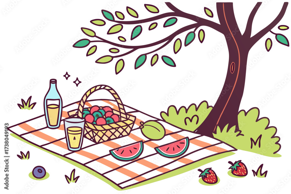 Fototapeta premium Picnic setup with fruits drinks and blanket under a tree