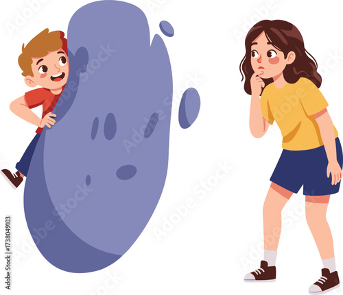 Cute cartoon illustration of a happy boy hiding playfully behind abstract shape while curious girl looks thoughtful, funny kids vector design