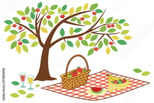 Picnic scene under a tree with fruit and drinks basket