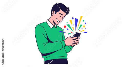 Man checking smartphone with celebratory pop-up illustrating mobile technology and success perfect for advertising digital products apps.