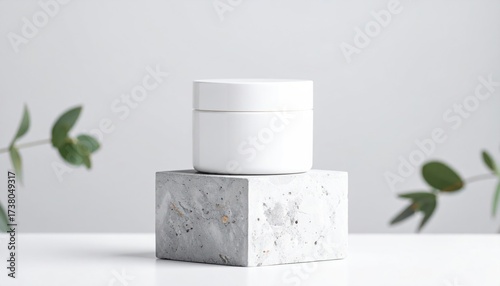 White cosmetic jar on concrete block with eucalyptus leaves.