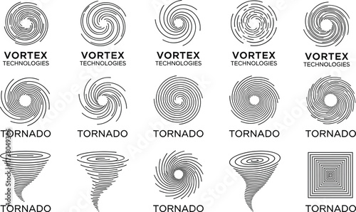 Collection of tornado vortex logo icons, spiral swirl design elements, cyclone storm symbols, abstract circular pattern vector, technology branding illustration