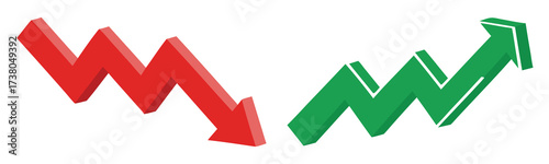 Green up and red down 3d arrow graph showing rising and descending trend, boosting of business result, decrease and growing investment profit symbol 