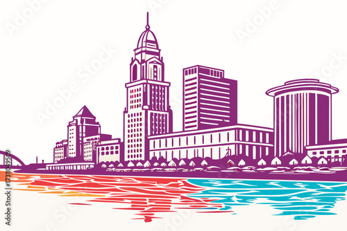 Purple skyline reflected in colorful water vector city