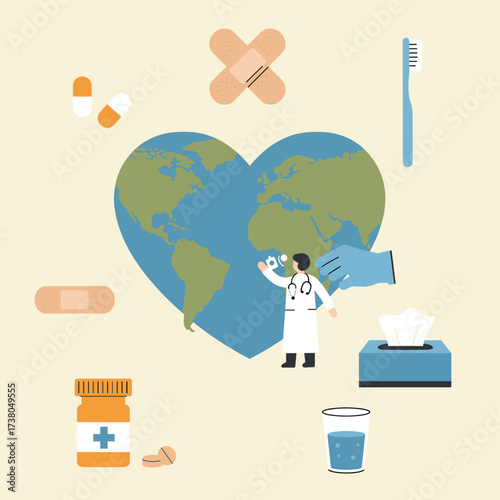 Doctor with Heart Earth and Medical Supplies