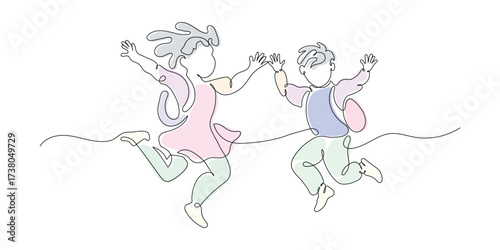 Continuous single line drawing Happy boy and girl pupils with backpacks jumping