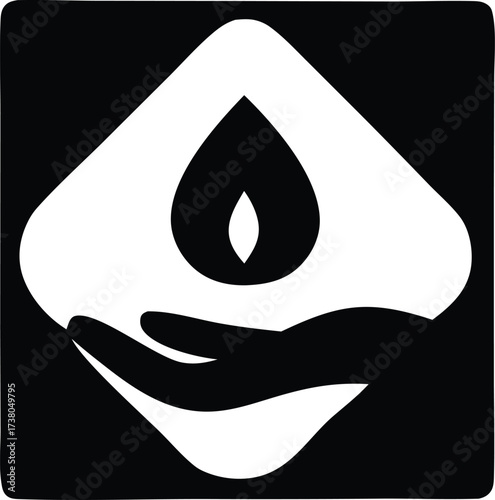 Icon of a hand holding a flame within a water droplet representing care compassion sustainability and safety concepts