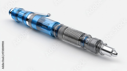 A photorealistic, high-detail 3D render of a medical injection pen (such as an insulin or auto-injector pen), shown in a disassembled or cutaway view to reveal the complex internal mechanism. The devi