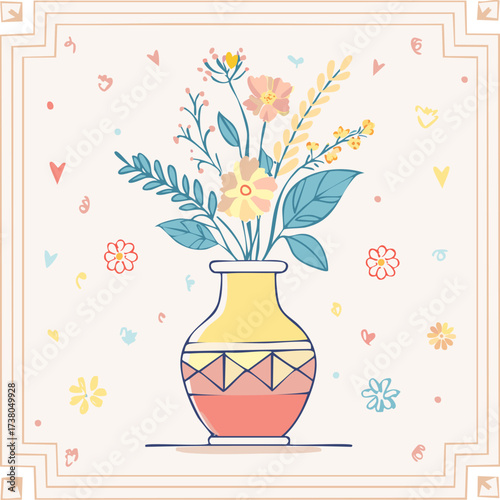 Beautiful hand-drawn vase with flowers in pastel colors, surrounded by decorative hearts and blossoms. Elegant floral illustration perfect for decor, cards, and prints