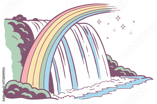 Rainbow waterfall with pastel mist and sparkling stars