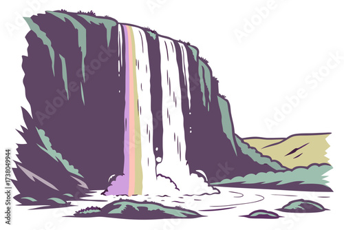 Rainbow waterfall with mist and rocky landscape vector