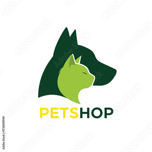 Vector art of pet shop logo featuring a dog and cat silhouette in green and yellow, representing animal care and companionship