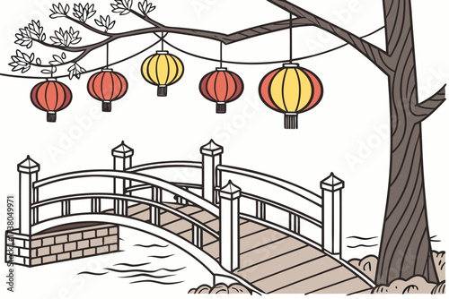 Red and yellow lanterns hang over a stone bridge arch bridge